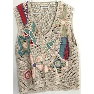 Sigrid Olsen Sport‎ Sweater Vest Womens Large Knit Floral Boho Crochet Linen